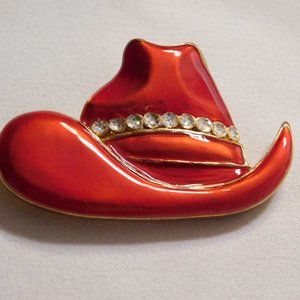 Vintage Cowboy Pin Brooch Rhinestones Red Enamel